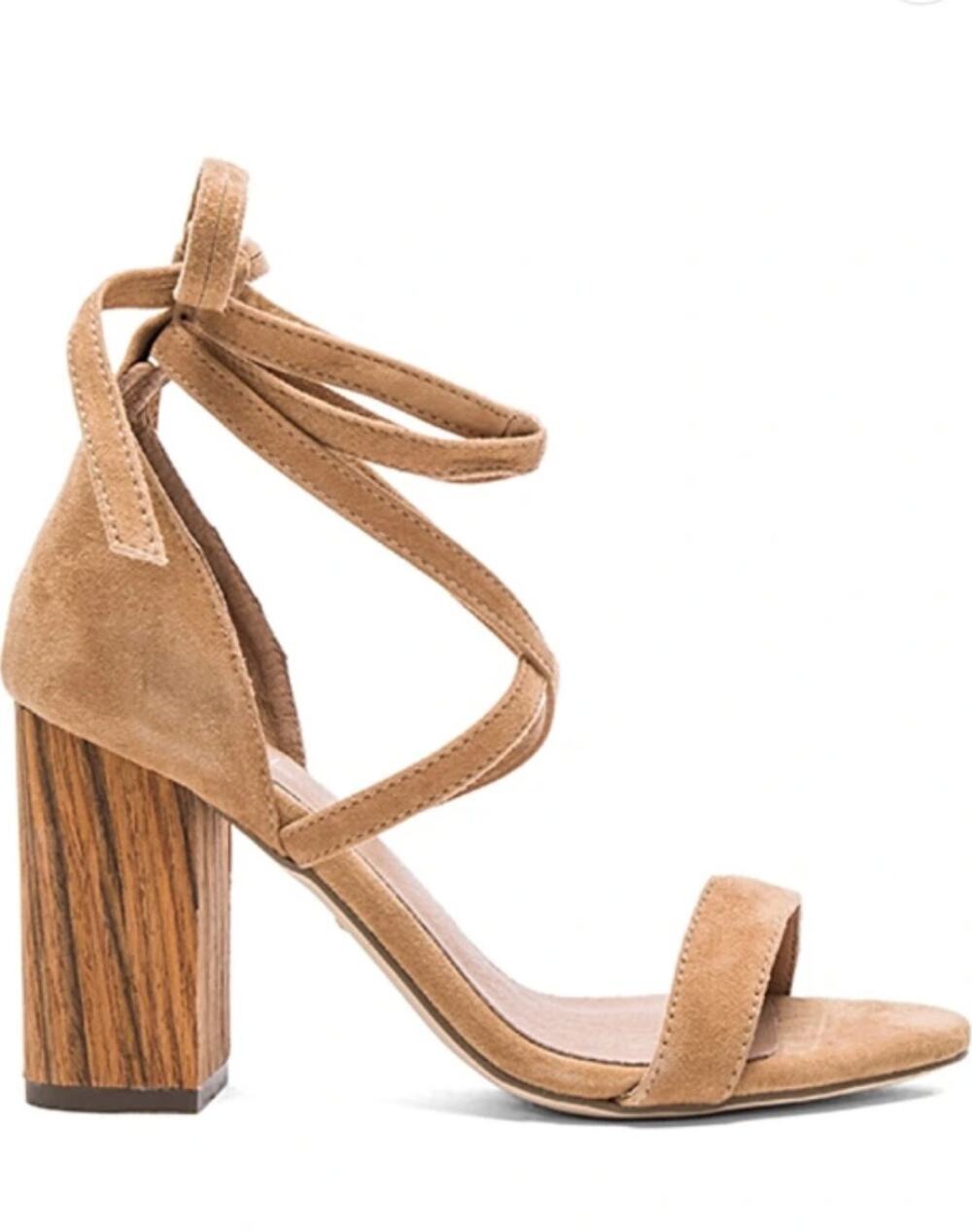 Raye Belle Wrap Heels 9 Suede Tan Brown Wooden Sandals Boho